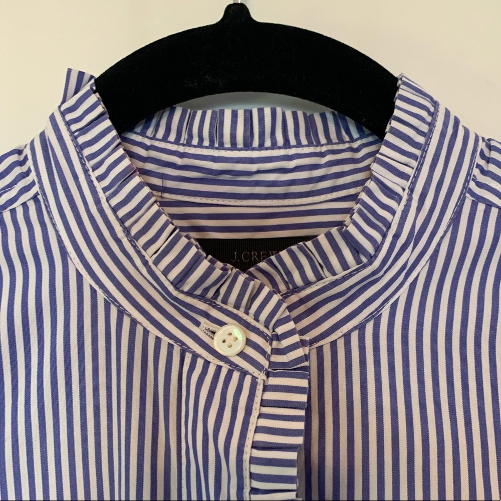 J. Crew Blue & White Striped Ruffle Button Down